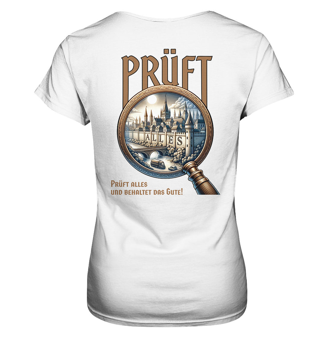 1. Thess 5,21 - Prüft alles - Rückenprint - Ladies Premium Shirt