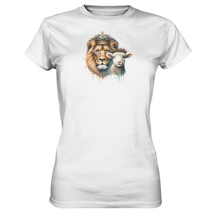 1.Petr 1,19 / Offb 5,5 - Löwe &amp; Lamm - Brustprint - Ladies Premium Shirt